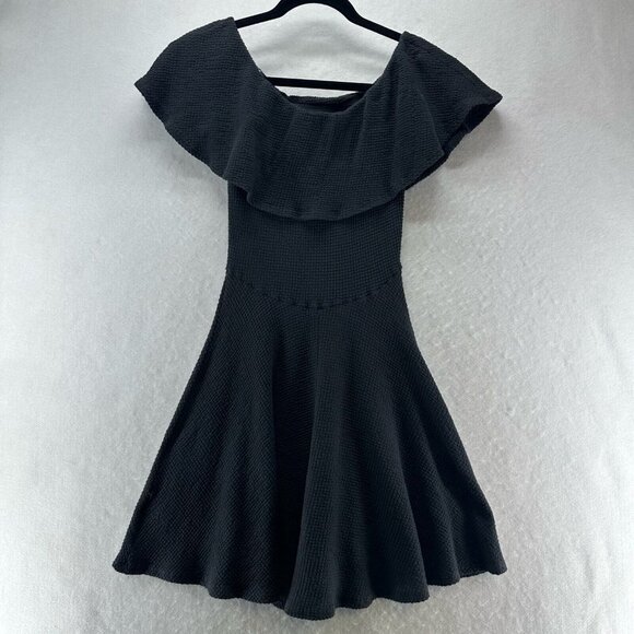 Coveted Bella B Dress Size S Ruffle Off The Shoulder Skater Mini Textured Black - Picture 2 of 13